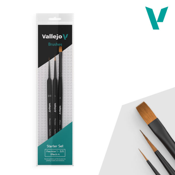 Set de  pinceles Vallejo: Starter Set (Redondo mango triangular No.1 & 3/0, Plano  No.4, sintéticos)